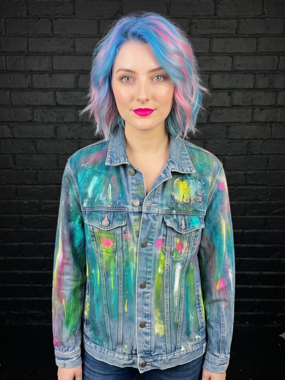Adam Levine Denim Jacket Size Extra Large Xl Hand Painted Jeans Abstract Art - Picture 2 of 12